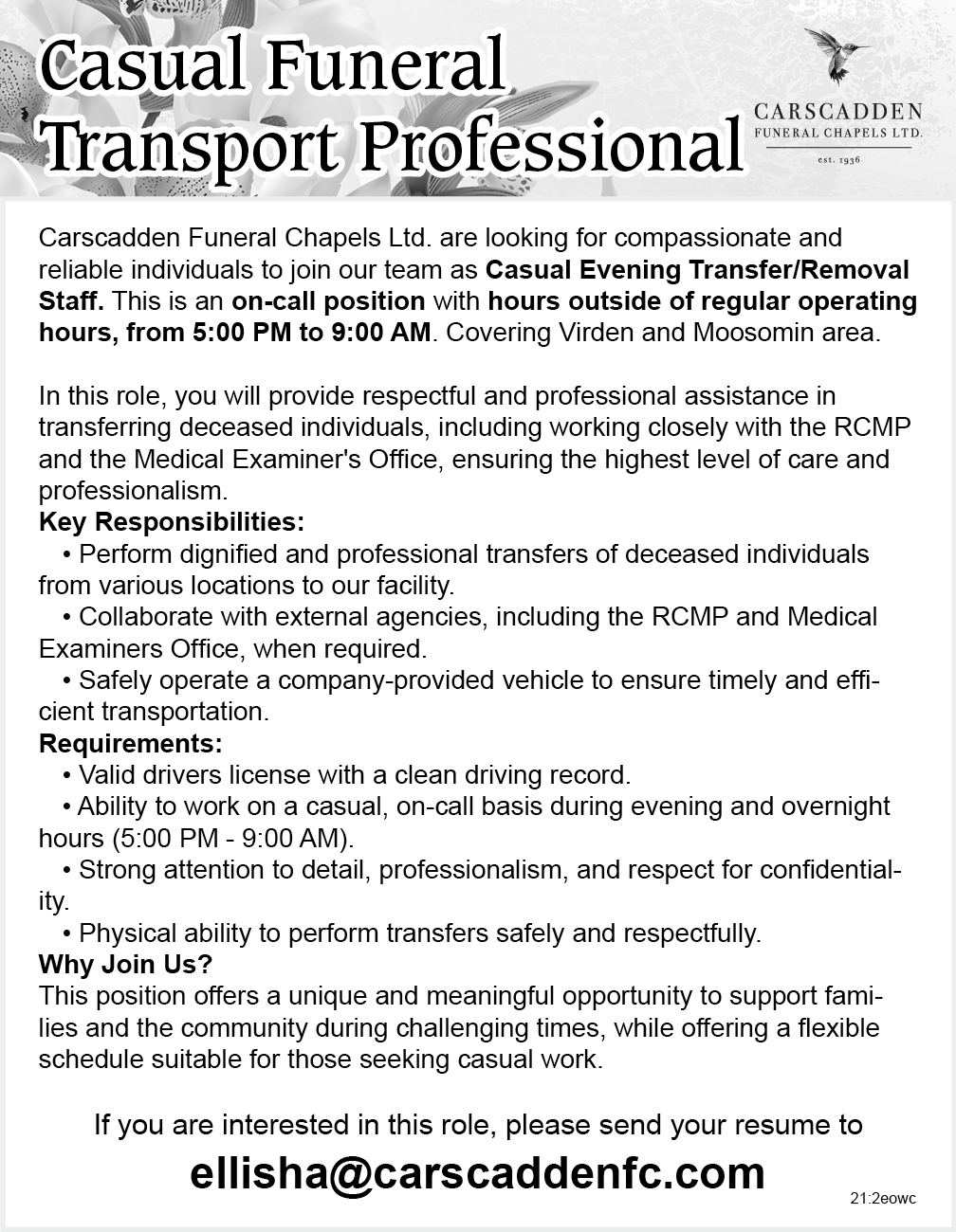 Carscadden Funeral Chapels - Moosomin, SK - Casual Funeral Transport Professional 
